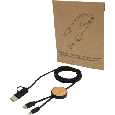 Logotrade Geschäftsgeschenke das Foto: Chechia 150 cm 5-in-1 Kabel aus recyceltem Kunststoff für Datenübertragung und 27W Schnellladung mit Bambusdetails