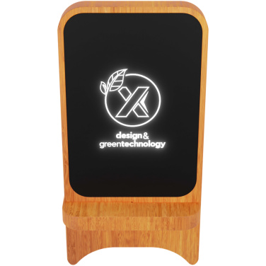 Logotrade werbemittel das Foto: SCX.design W16 kabelloser 10-Watt-Ladeständer aus Holz mit Leuchtlogo