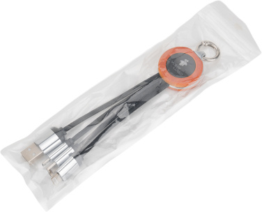 Logotrade Werbegeschenke das Foto: 4-in-1-Kabel mit elighted-Logo im Holzgehäuse