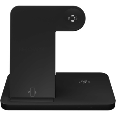 Logotrade Geschäftsgeschenke das Foto: SCX.design W28 kabellose 3-in-1 Ladestation kabellos mit Telefonständer und Leuchtlogo