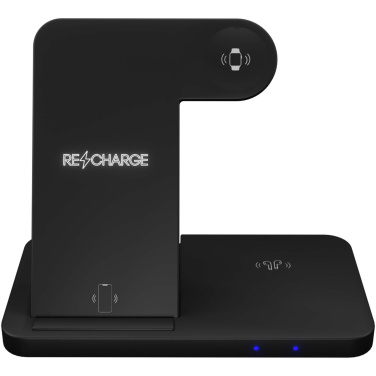Logotrade Werbeartikel das Foto: SCX.design W28 kabellose 3-in-1 Ladestation kabellos mit Telefonständer und Leuchtlogo