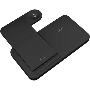 Logotrade Werbegeschenke das Foto: SCX.design W28 kabellose 3-in-1 Ladestation kabellos mit Telefonständer und Leuchtlogo