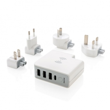 Logo trade promotional gifts image of: Travel adapter wireless powerbank, white