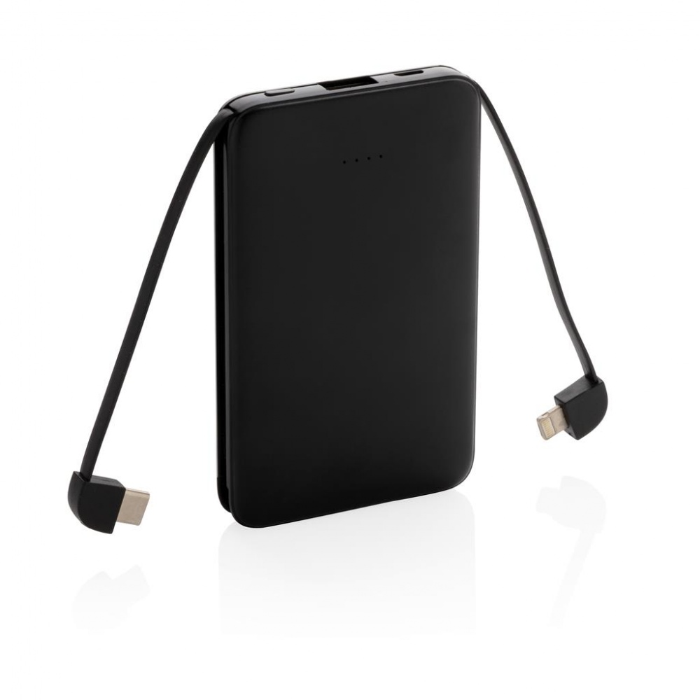 Logo trade promotional merchandise image of: 5.000 mAh Pocket Powerbank with integrated cables, black