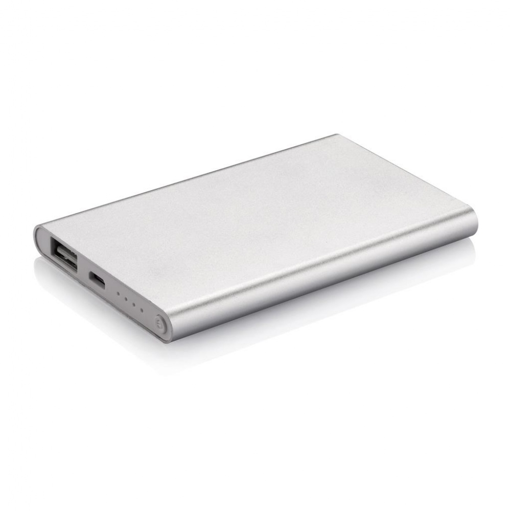 Logo trade promotional merchandise photo of: 4000 mAh powerbank, silver, with personalized name, sleeve, gift wrap