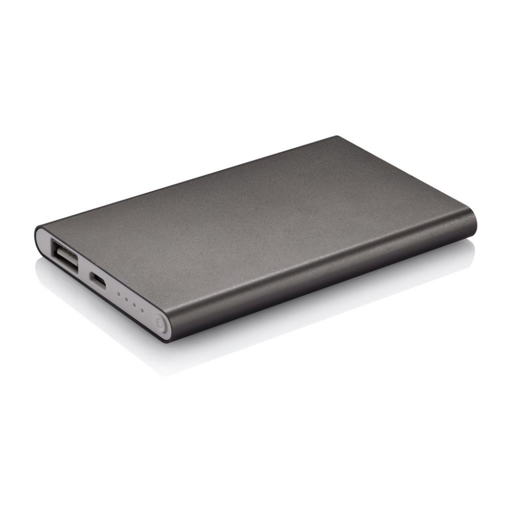 Logo trade business gifts image of: 4000 mAh powerbank, grey, with personalized name, sleeve, gift wrap