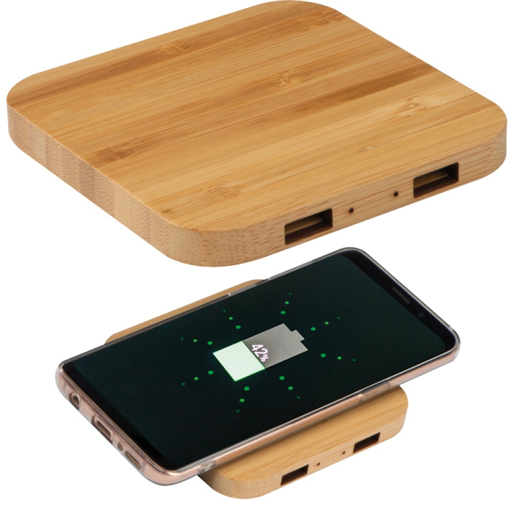 Logo trade promotional giveaway photo of: Bamboo Wireless Charger with 2 USB ports, Beige