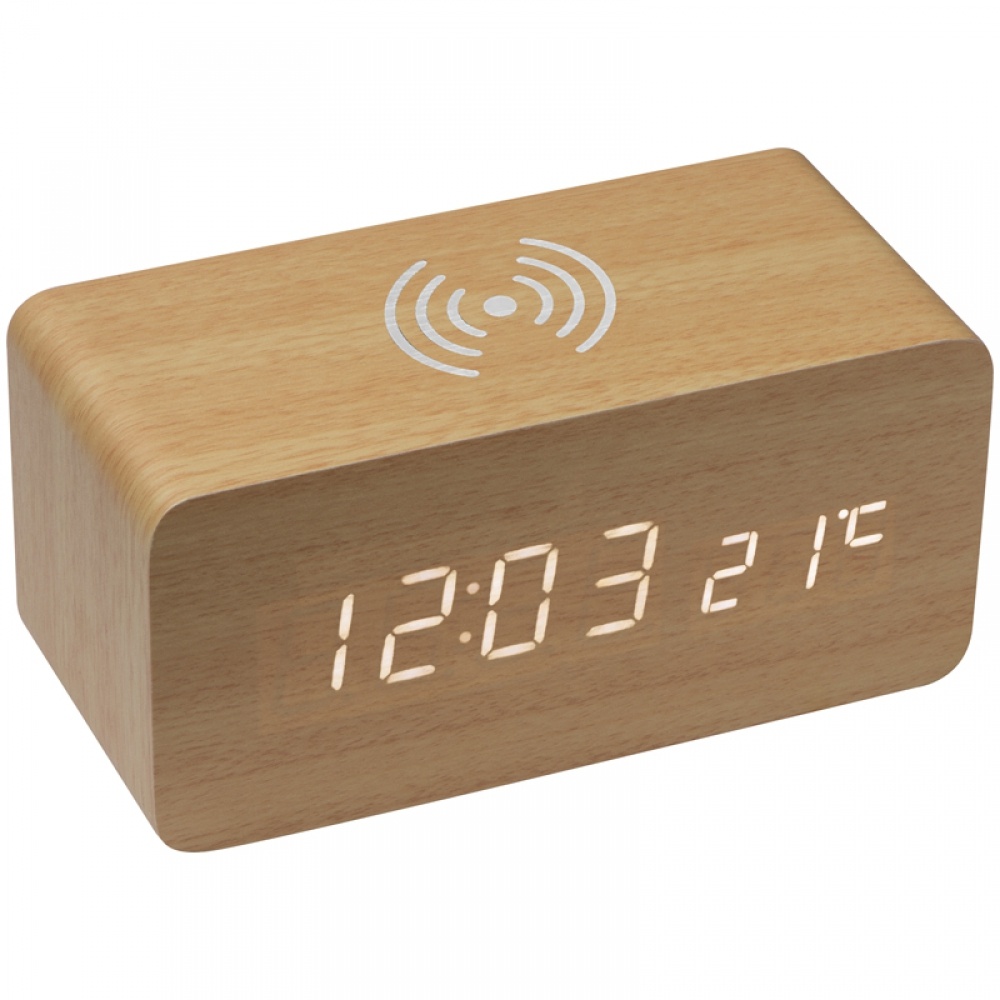 Logo trade promotional giveaways picture of: Desk clock with integrated wireless charger, beige