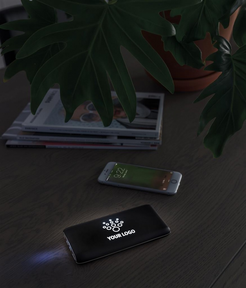 Logo trade corporate gifts image of: Light up wireless charger power bank, 8.000 mAh, black