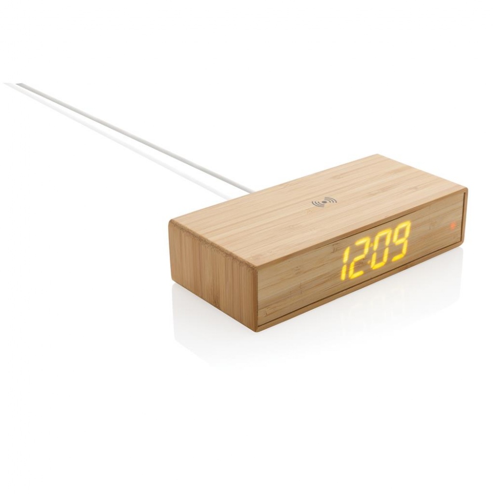 Logotrade business gift image of: Bamboo alarm clock with 5W wireless charger, brown