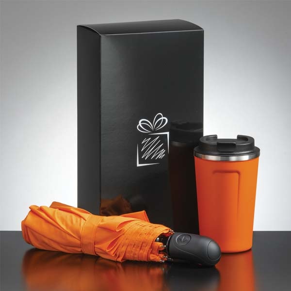 Logo trade promotional giveaway photo of: Traveller set: thermal mug 350 ml and full automatic umbrella, orange