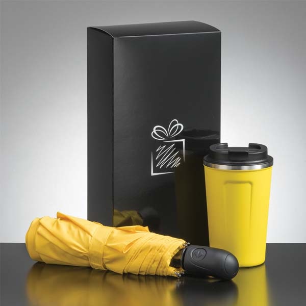 Logotrade promotional giveaways photo of: Traveller set: thermal mug 350 ml and full automatic umbrella, yellow