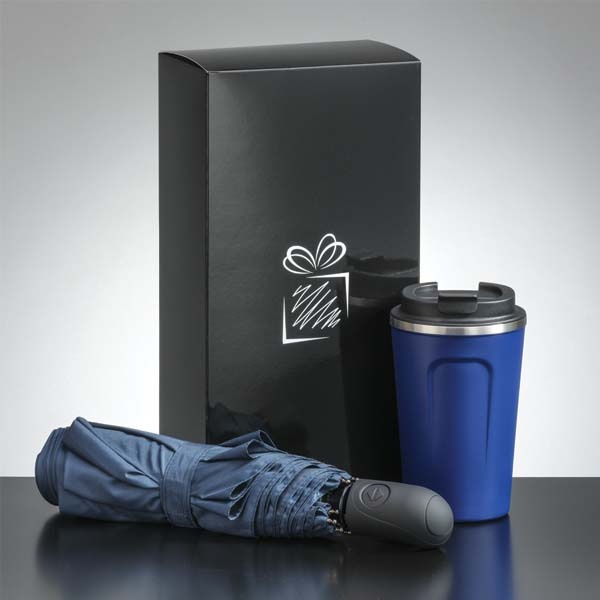 Logo trade promotional items image of: Traveller set: thermal mug 350 ml and full automatic umbrella, blue