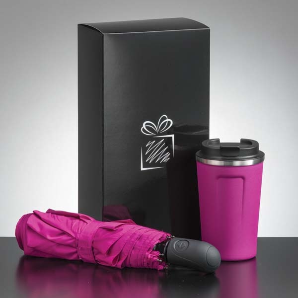 Logo trade promotional products picture of: Traveller set: thermal mug 350 ml and full automatic umbrella, pink