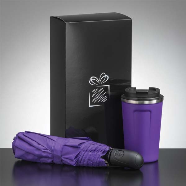 Logotrade promotional giveaway picture of: Traveller set: thermal mug 350 ml and full automatic umbrella, purple