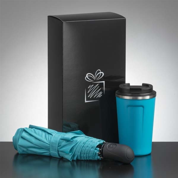 Logo trade corporate gift photo of: Traveller set: thermal mug 350 ml and umbrella, turquoise