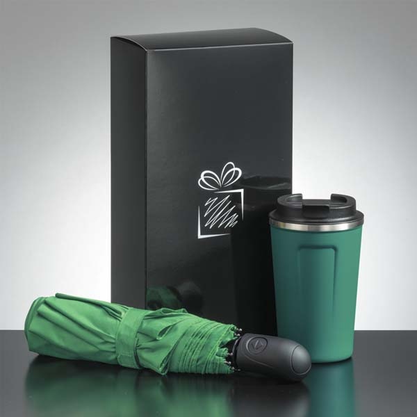 Logo trade promotional product photo of: Traveller set: thermal mug 350 ml and full automatic umbrella, green