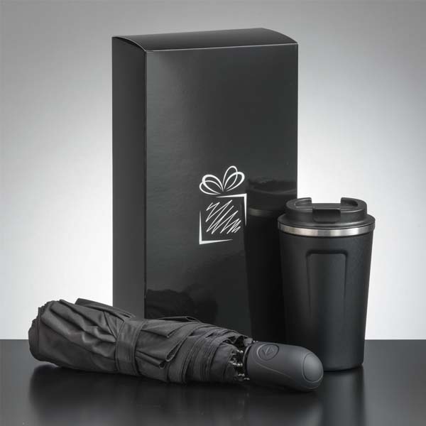 Logotrade advertising products photo of: Traveller set: thermal mug 350 ml and full automatic umbrella, black