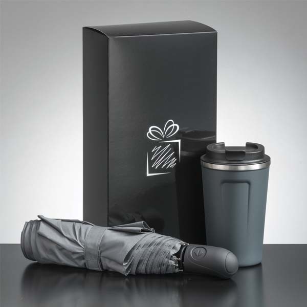 Logo trade promotional items picture of: Traveller set: thermal mug 350 ml and full automatic umbrella, gray