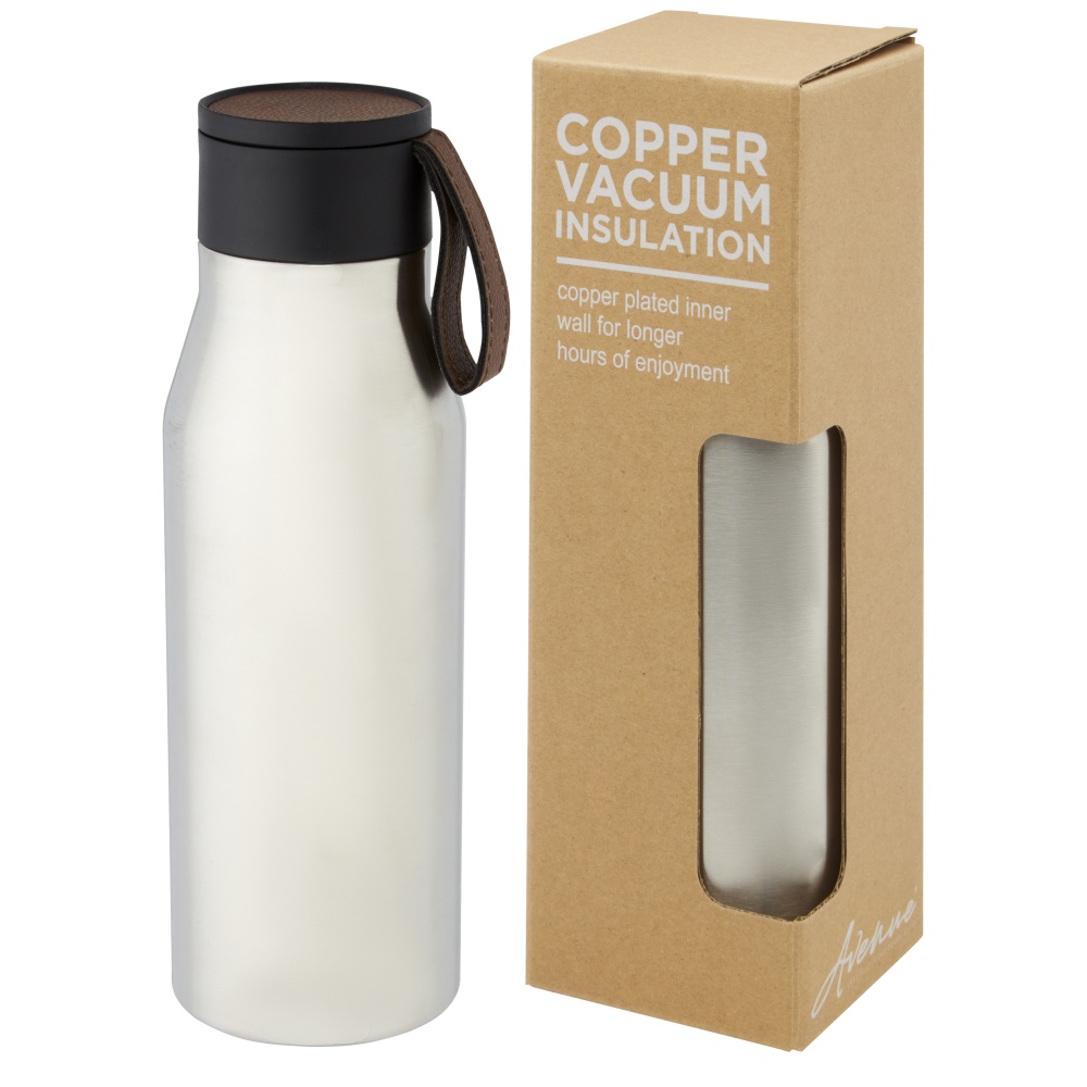 Logo trade advertising products image of: Ljungan 500 ml copper vacuum insulated stainless steel bottle with PU leather strap and lid