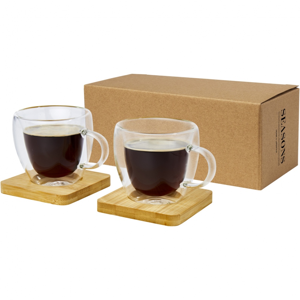 Logo trade promotional products image of: Manti 2-piece 100 ml double-wall glass cup with bamboo coaster 