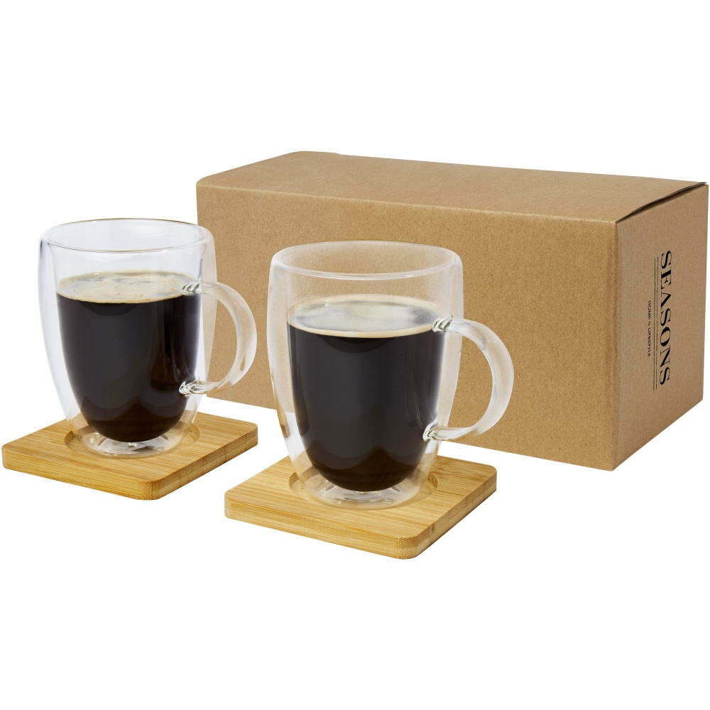 Logo trade promotional giveaways image of: Manti 2-piece 350 ml double-wall glass cup with bamboo coaster 