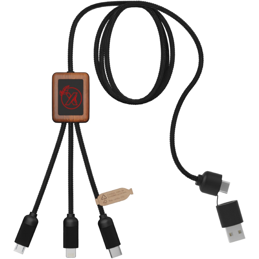 Logotrade corporate gifts photo of: SCX.design C38 5-in-1 rPET light-up logo charging cable with squared wooden casing