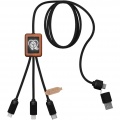 SCX.design C38 5-in-1 rPET light-up logo charging cable with squared wooden casing, Solid black / Wood