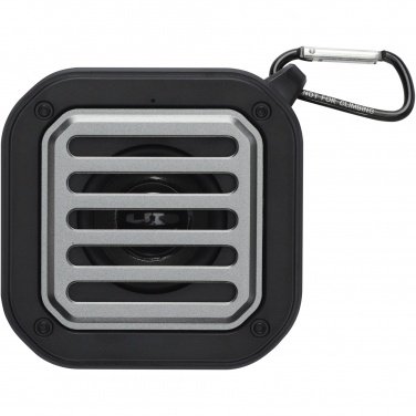 Logotrade promotional product picture of: Solo 3W IPX5 RCS recycled plastic solar Bluetooth® speaker with carabiner 