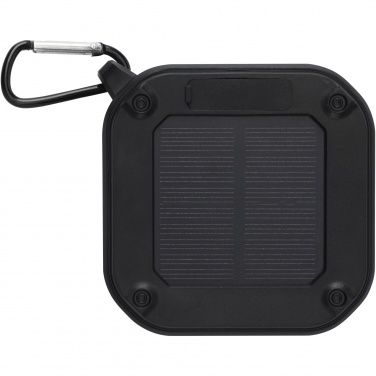 Logo trade promotional gifts picture of: Solo 3W IPX5 RCS recycled plastic solar Bluetooth® speaker with carabiner 