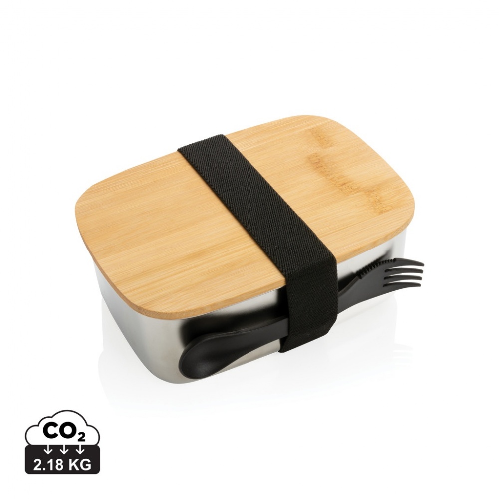 Logo trade business gifts image of: Stainless steel lunchbox with bamboo lid and spork