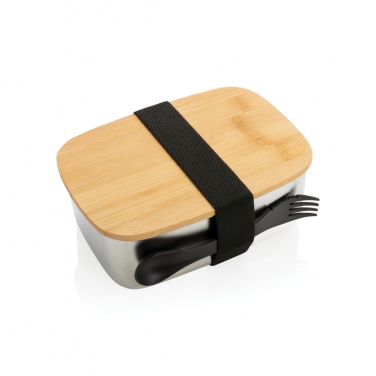 Logotrade corporate gift picture of: Stainless steel lunchbox with bamboo lid and spork