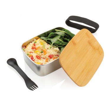 Logo trade promotional products image of: Stainless steel lunchbox with bamboo lid and spork