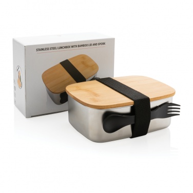 Logo trade promotional giveaway photo of: Stainless steel lunchbox with bamboo lid and spork