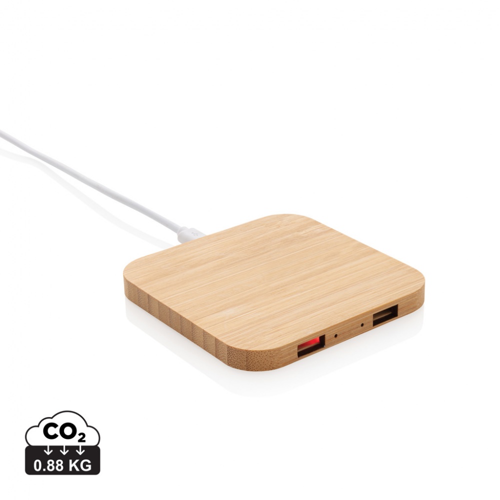 Logo trade promotional giveaways image of: Bamboo 5W wireless charger with USB