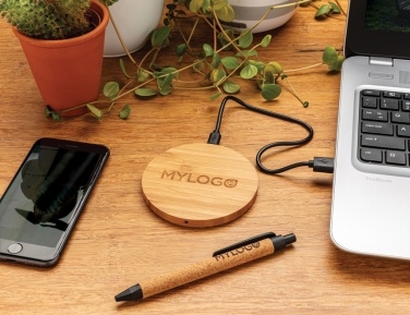 Logo trade corporate gifts picture of: Bamboo 5W round wireless charger