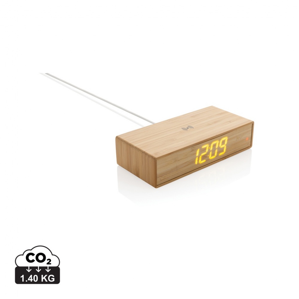 Logo trade corporate gifts image of: Bamboo alarm clock with 5W wireless charger