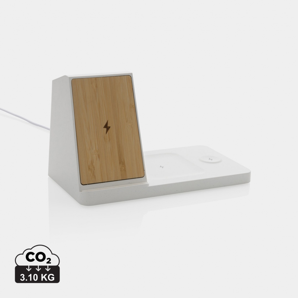 Logotrade promotional product image of: Ontario recycled plastic & bamboo 3-in-1 wireless charger