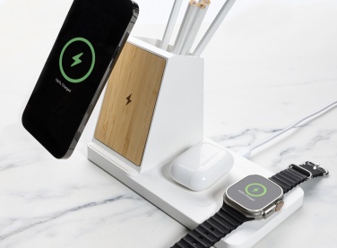 Logotrade promotional gift picture of: Ontario recycled plastic & bamboo 3-in-1 wireless charger