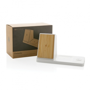 Logotrade promotional gift image of: Ontario recycled plastic & bamboo 3-in-1 wireless charger