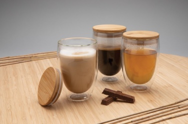 Logotrade corporate gift picture of: Double wall borosilicate glass with bamboo lid 350ml 2pc set