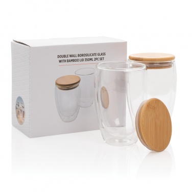 Logo trade advertising product photo of: Double wall borosilicate glass with bamboo lid 350ml 2pc set