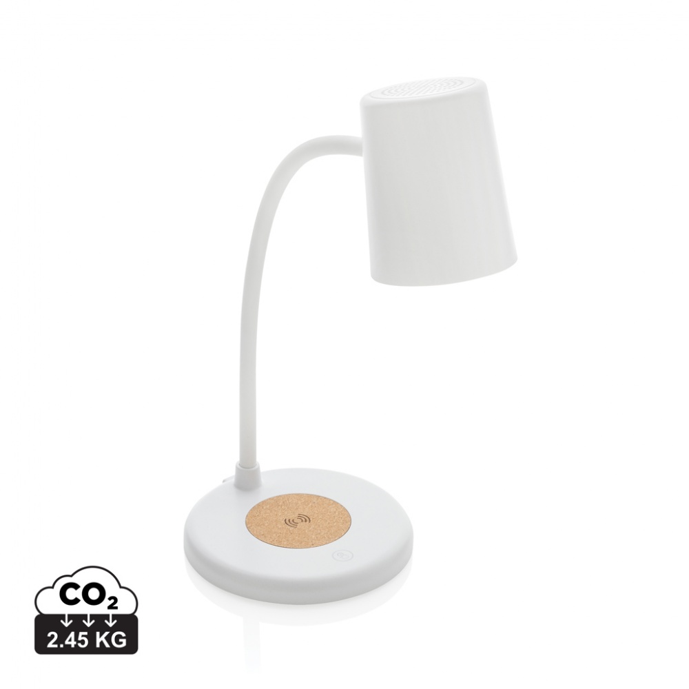 Logo trade promotional giveaway photo of: Zenara RCS recycled plastic and cork 15W wireless desk lamp