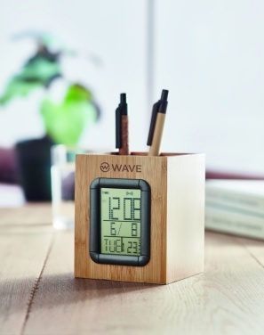 Logo trade promotional products image of: Bamboo pen holder and LCD clock