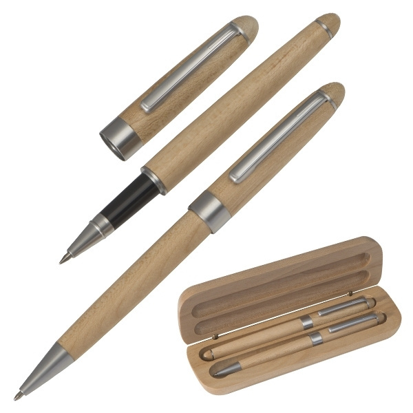 Logo trade promotional product photo of: Wooden writing set ballpen and roller INDIANAPOLIS