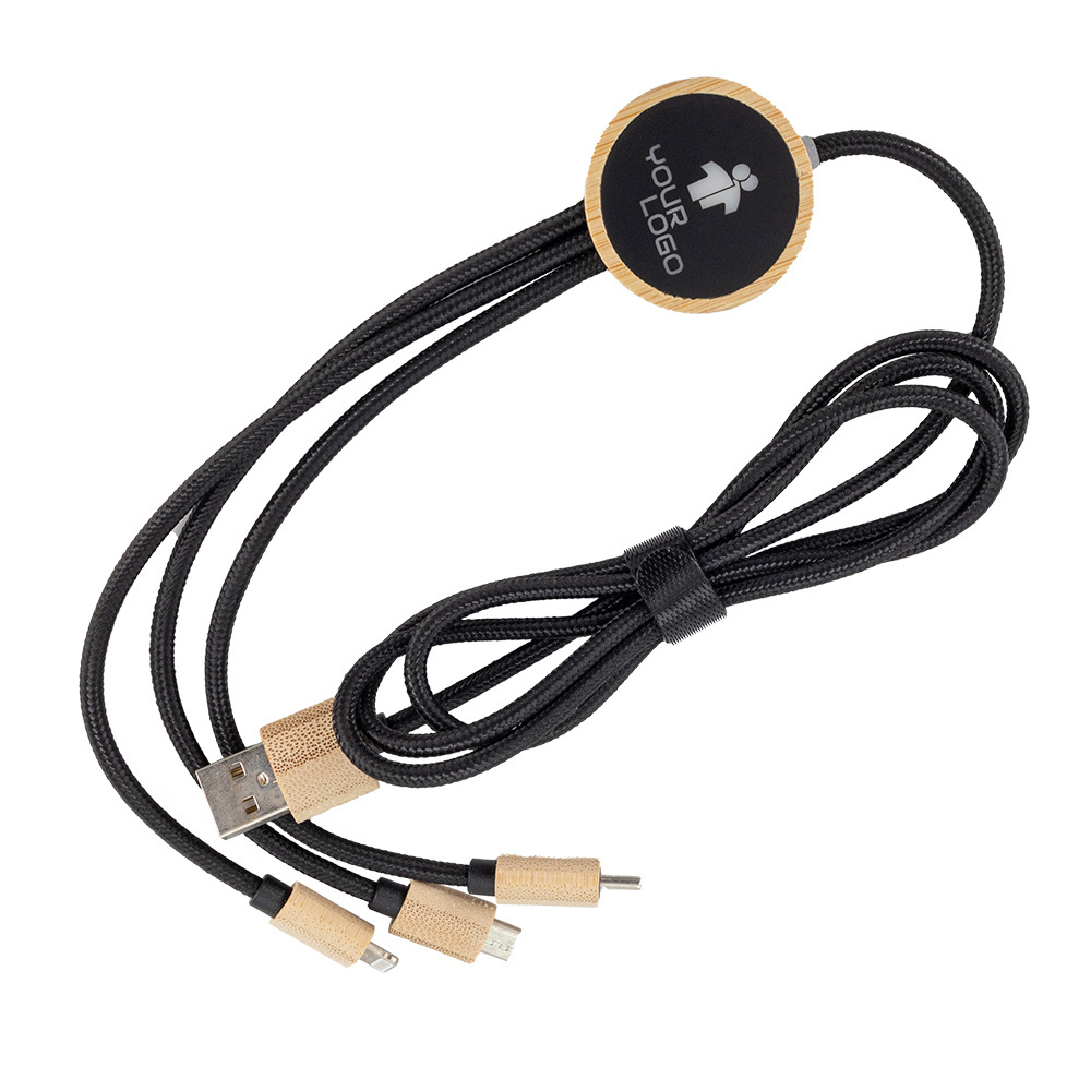 Logo trade promotional gift photo of: 3-in-1 cable with elighted logo in a wooden casing, LH-ZMU06