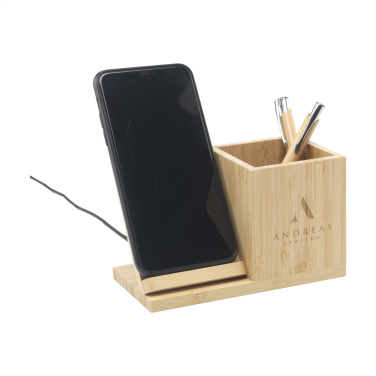 Logo trade promotional products image of: Bamboo Boss 15W charger/pen holder