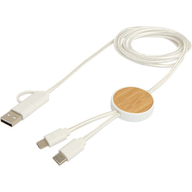 Logotrade corporate gift image of: Chechia 5-in-1 recycled plastic 150 cm data sync and 27W fast charge cable with bamboo details