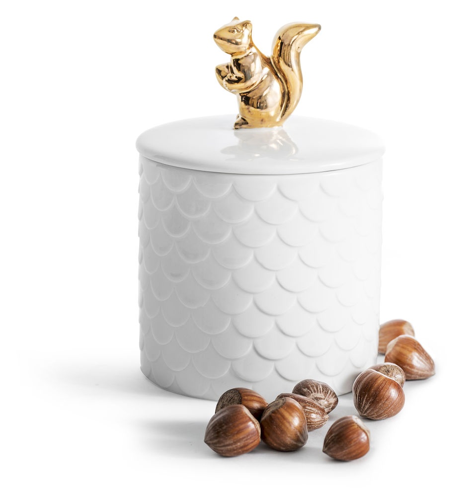 Logo trade ärikingid foto: Kuldse oravaga keraamiline pähklitoos, valge