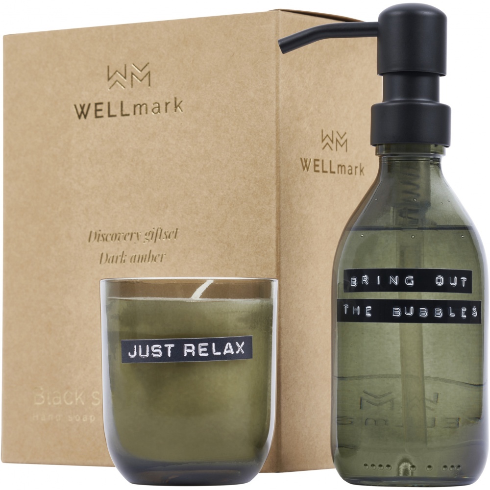 Logotrade firmakingitused pilt: Wellmark Discovery 200 ml käteseebi dosaator ja 150 g lõhnaküünla komplekt - tume merevaigu lõhn